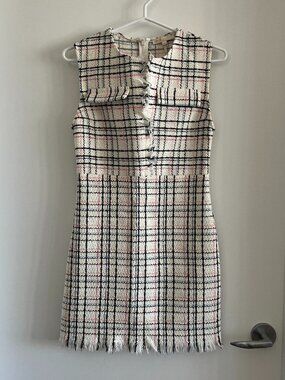 Maje Rianey Checked Tweed Mini Dress Ecru Fringe Trim Size 34
